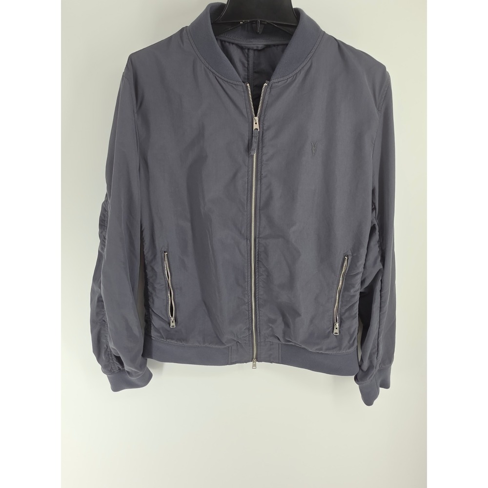 AllSaints Mens Slate Grey Slim Fit Bomber Jacket Full Zip Ramskull Logo Medium